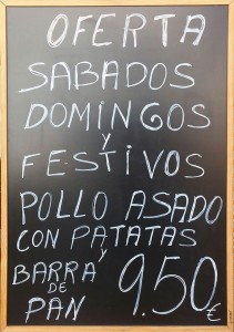 Oferta sábados, domingos y festivos pollo asado con patatas + barra de pan por 9,50 €